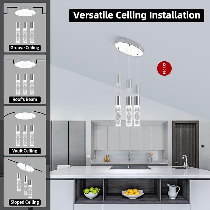 OKELI Smart Dimmable LED 3-Light Pendant Light for Kitchen Island, 18W 1350LM Modern Bubble Crystal Island Light Fixture with TUYA App & Voice Control, Adjustable 3000K-6000K, Electro-Chrome, Round-Ruum Studio Home