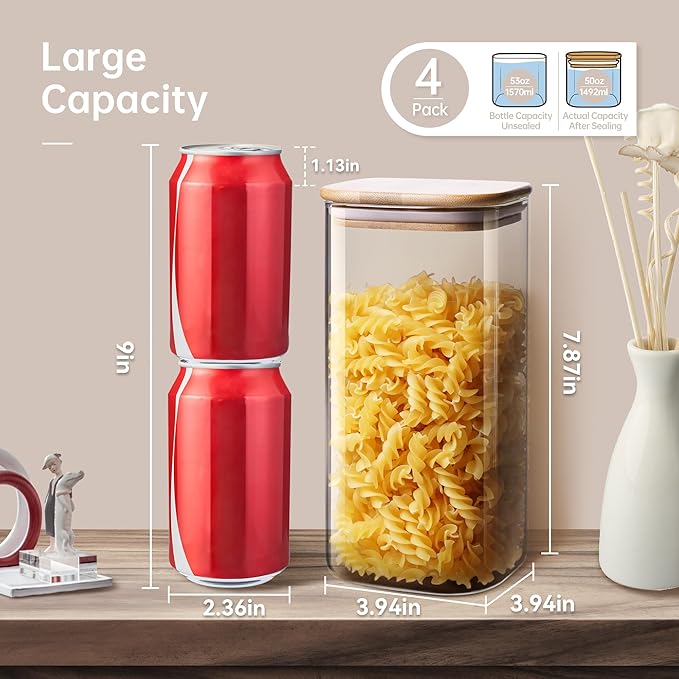 Square Glass Jars with Bamboo Lids 53 FL OZ [Set of 4], Glass Canisters with Airtight Lid, Glass Food Storage Containers for Pasta, Cereal, Coffee, Flour, Sugar, Best for Kitchen & Pantry-Ruum Studio Home