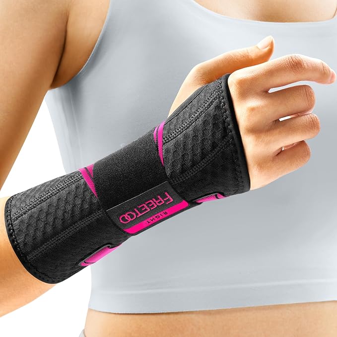 FREETOO Carpal Tunnel Wrist Brace Night Support Fit Right Hand for Work, Pain Relief Wrist Splint for Tendonitis, Sprain, Strain, Rigid Hand Brace for Arthritis for Women and Men (S/M, Black/Pink)-Ruum Studio Home