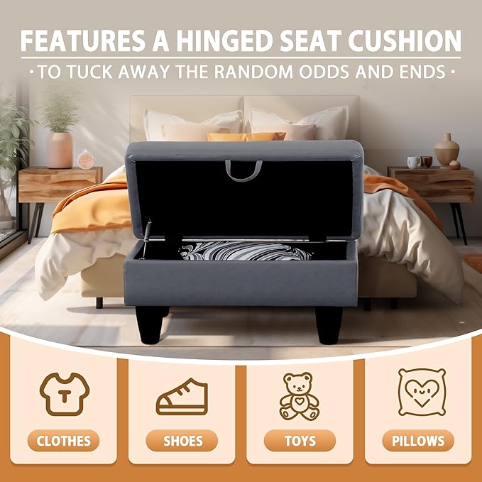 Ottoman Rectangular Storage Ottoman Bench, Faux Leather Footrest, Coffee Table, Stool Footstool with Hinged Lid for Living Room, Bedroom, Entryway, Gray, 28.5"x19"x17.5"-Ruum Studio Home