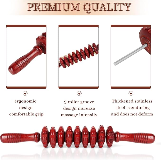 Liitrton Manual Wooden Fascia Massage Roller Trigger Points for Release Cellulite Sore Muscle Blasting (Red)-Ruum Studio Home