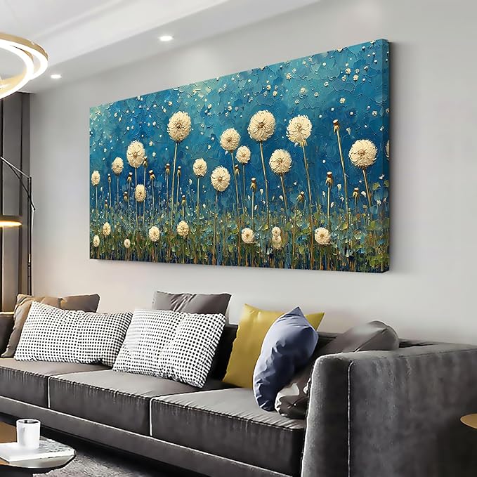 LASMOND Teal Dandelion Wall Art for Living Room Abstract Blowball Canvas Painting Prints Large Flower Floral Grassland Bedroom Decoration Modern Artwork Decor (46x23 Inches)-Ruum Studio Home