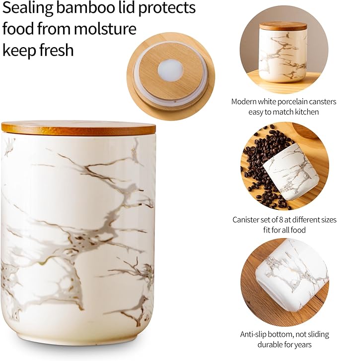 Ceramic Canister Set with Bamboo Airtight Lids, 3-Piece Kitchen Storage Jars (48oz, 30oz, 12oz) – White with Gold Marble Pattern, Glossy Finish, for Coffee, Sugar, Flour & More-Ruum Studio Home