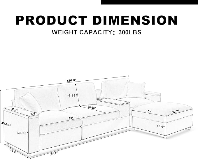 120.3" Modern L-Shaped Sectional Sofa with 360°Swivel Drop-Down Table, Storage Armrest, USB Ports & Movable Storage Ottoman – Plush Linen Cloud Couch for Lounge (Black)-Ruum Studio Home