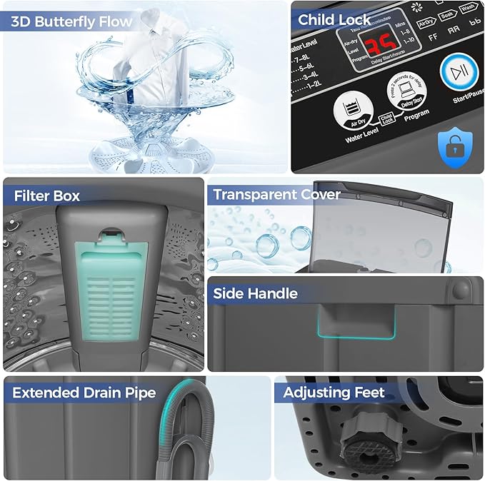 Nictemaw Portable Washing Machine, 20Lbs Capacity Full-Automatic Portable Washer Machine, 2.8Cu.ft Compact Laundry Machine with Drain Pump, 10 Programs & 8 Water Levels for Apartment Dorm RV-Ruum Studio Home