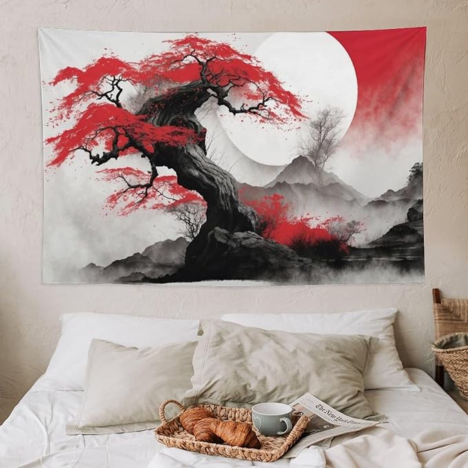 Cherry Blossoms Tapestry,Japanese Red Landscape Asian Watercolor Abstract Art Tapestry,Japanese Wall Tapestry, Nature Landscape Tapestries for Bedroom Living Room Decor 60"x40"-Ruum Studio Home
