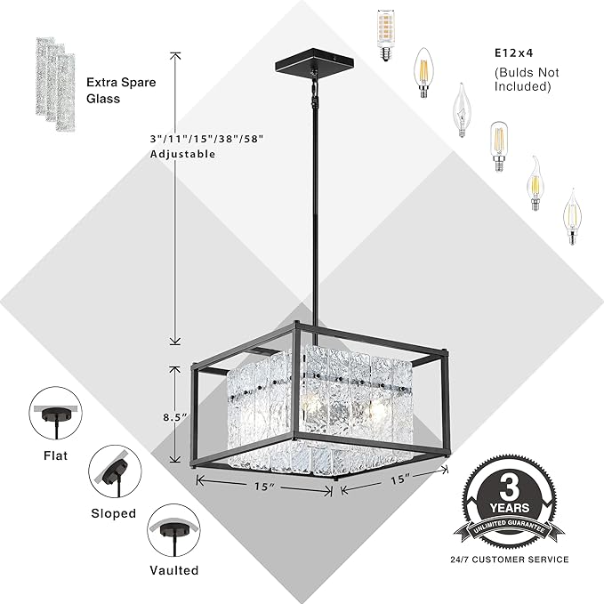 IKK Modern Foyer Chandelier, Black Crystal Chandelier for Dining Room, Square Entryway Light Fixture Hanging, Easily Adjustable Height Glass Chandeliers for Kitchen Island, Elegant Water Ripple-Ruum Studio Home