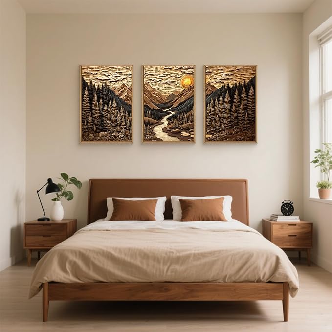 HPINUB Abstract Landscape Mountain Canvas Wall Art Set, Vibrant Sun Forest Pine Tree Wall Decor, Wilderness Nature River Artwork Rustic Scenery Art Print for Living Room,Bedroom,Office-16 x24 x3-Ruum Studio Home
