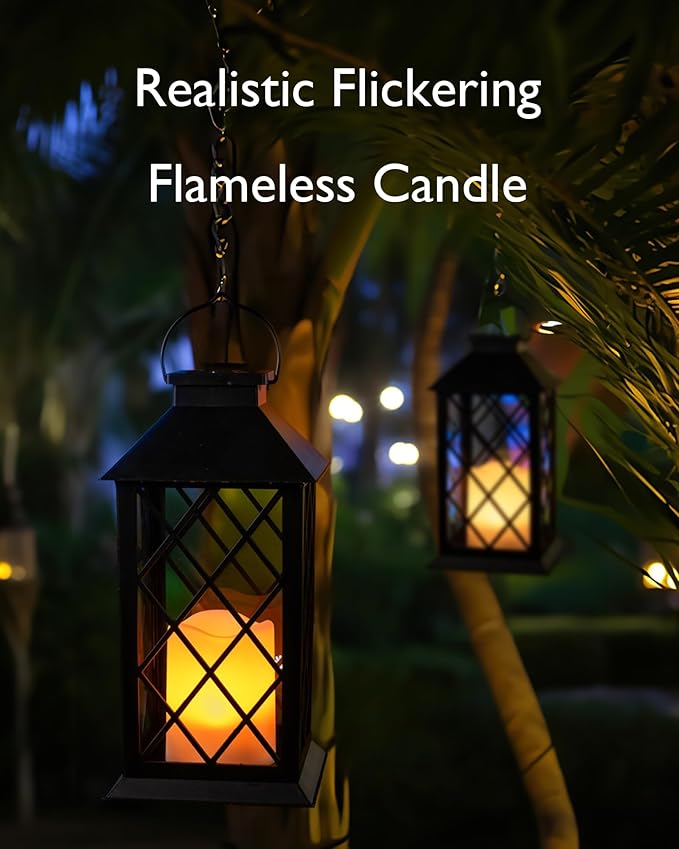 Homemory Solar Lanterns Outdoor Waterproof Hanging with Flickering Flameless Candles, 2 Pack 13'' Garden Outdoor Lantern Decorative for Patio Front Porch Backyard Balcony Cabin Outside Table(Black)-Ruum Studio Home
