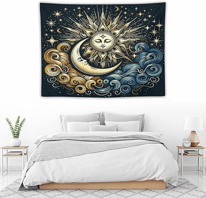 HZOHNAGO Sun Moon Tapestry Boho Golden Stars Pattern Printed Wall Tapestry Wall Hanging for Bedroom Living Room Dorm 40" W x 30" H-Ruum Studio Home