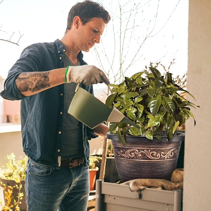 Plastic-Plant-Flower-Planters-14 Inch with Drainage Hole & Saucer, 3 Packs Lightweight Large Resin Flower Pot Indoor Outdoor, Retro Antique Imitation Decorative Garden Containers Sets for Houseplants-Ruum Studio Home