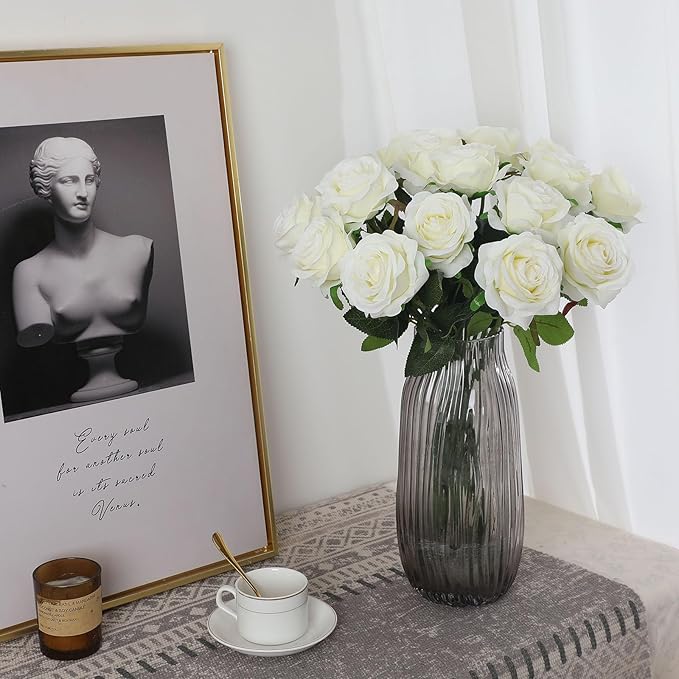 White Fake Roses Artificial Flowers - 16 Pcs Fake Artificial Roses Silk Flowers with Stems for Home Wedding Hotel Office Centerpiece Decor-Ruum Studio Home