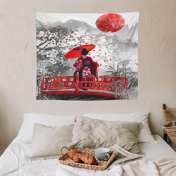Japanese Red Geisha Tapestry Asian Cherry Blossom Red Sun Traditional Kimono Folk Tapestries Home Decor for Living Room Bedroom Apartment Farmhouse Dorm 60"x50"-Ruum Studio Home