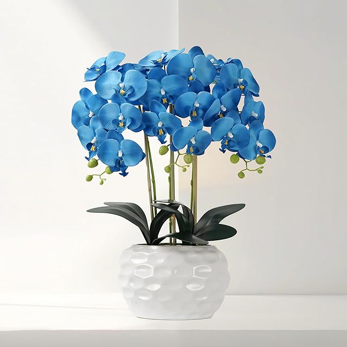 Orchid Artificial Flowers with White Vase Large Silk Faux Phalaenopsis Flowers for Dining Room Table Floral Centerpieces Indoor Decoration,Blue-Ruum Studio Home