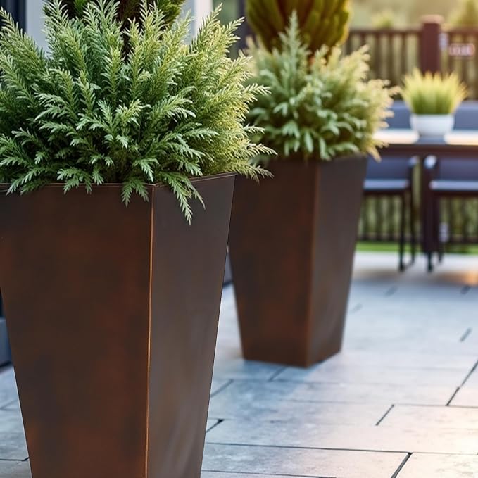 WORTH Garden Large Metal Planter Set of 2 (25" & 28" H.), Matte Bronze Retro Finish Tall Square Tapered Steel Plant Pots, Decor Flower Pot Indoor & Outdoor, Drainage Hole & Dual-Purpose Plant Saucer-Ruum Studio Home