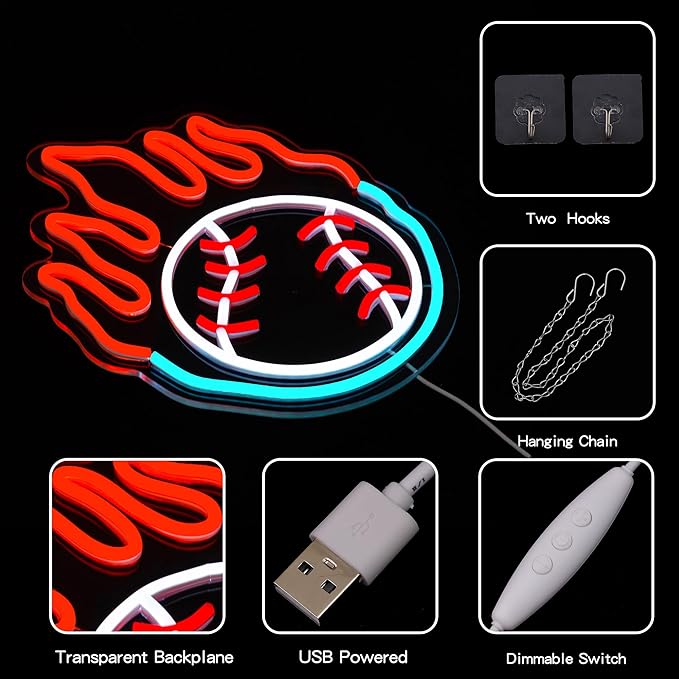 Baseball Neon Sign for Wall Decor Dimmable Baseball On Fire Neon Light Colorful LED Neon Light Sport Neon Signs USB Powered Neon Sign for Bedroom Field Club Man Cave Decoration-Ruum Studio Home