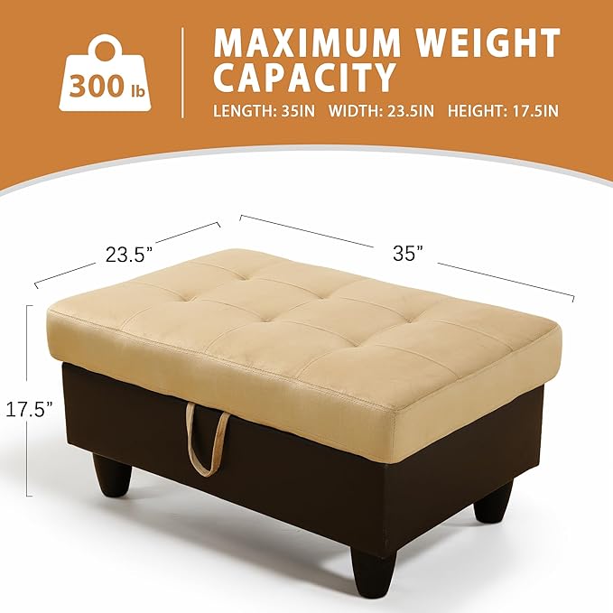 Ottoman Rectangular Storage Ottoman Bench, Flannel Footrest Stool Footstool with Lid for Living Room, Bedroom, Entryway, Champagne&Black, 35"x23.5"x17.5"-Ruum Studio Home