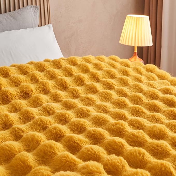 Lotus Karen Faux Fur Throw Blanket Ginger Yellow - Big Bubble Rabbit Fluff Blanket for Couch Bed Sofa,Softest Fluffy Fuzzy Cozy Blanket,Thick Furry Plush Shaggy Warm Blankets for Women,108x90 Inches-Ruum Studio Home