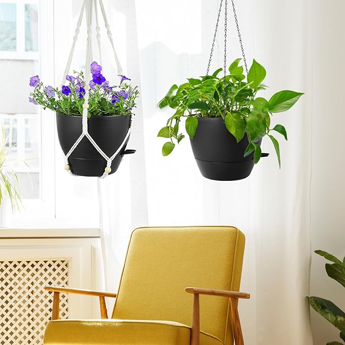 10 inch Self Watering Hanging Planters, 2 Pack Hanging Baskets for Indoor Outdoor Plants, Hanging Flower Pots with Drainage Holes & 2 Kinds of Plant Hangers for Garden Home Decor, Black-Ruum Studio Home