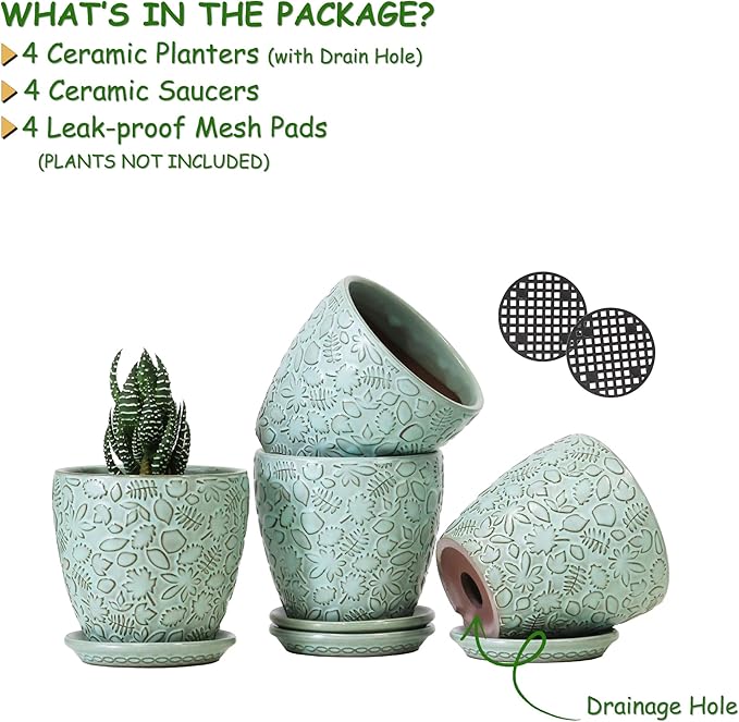 Succulent Planter for Indoor Plants, 4 Inch Small Ceramic Plant Pot with Drainage Holes and Saucers, Flower Pots for herb - Set of 4-Ruum Studio Home