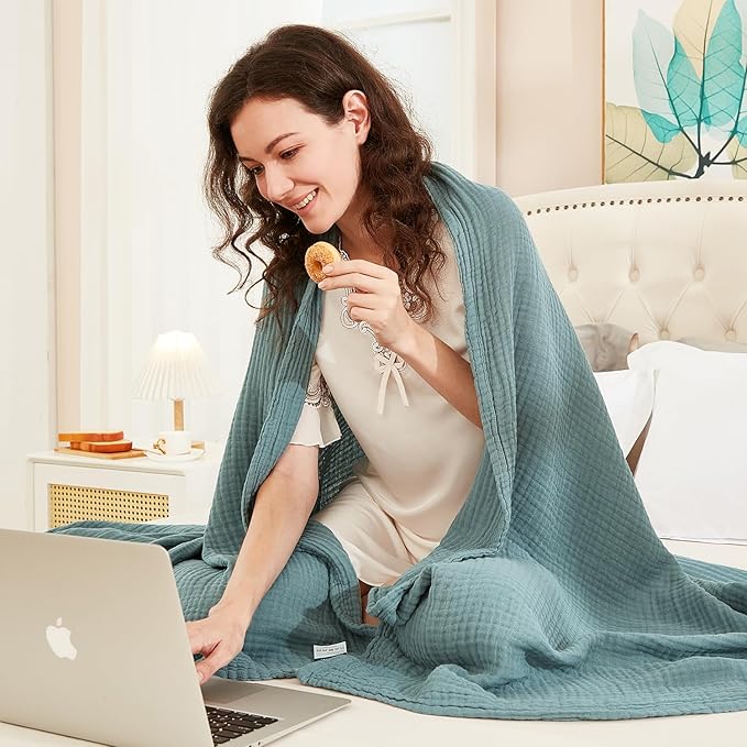 EMME Cotton Muslin Blanket King Size - Soft, Breathable Layering Bedspread Blanket, 108"x90", All Season Gauze, Teal-Ruum Studio Home