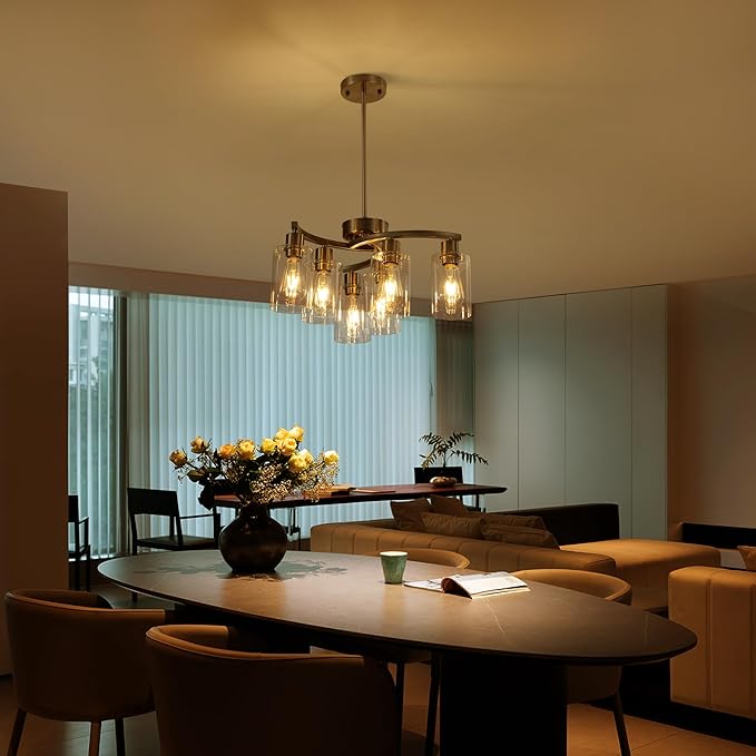 6-Light Brushed Nickel Chandeliers for Dining Room Light Fixtures Over Table, Adjustable Height Hanging Industrial Pendant Lighting for Kitchen Island Bedroom, Clear Glass Shade-Ruum Studio Home