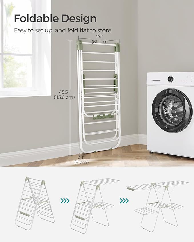 SONGMICS Clothes Drying Rack, Foldable 2-Level Laundry Drying Rack, Free-Standing Laundry Airer, with Height-Adjustable Wings, 33 Drying Rails, Sock Clips, White and Green ULLR053C01V1-Ruum Studio Home