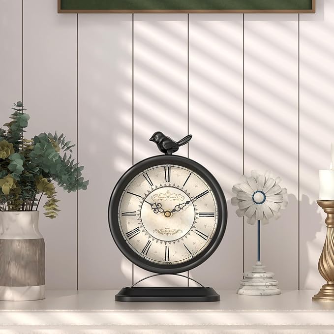 Vintage Table Clock with Bird, European Antique Style Black Mantel Clocks, Desk and Shelf Decor Clock, for Farmhouse, Bedside, Living Room, Bedroom, Gift (9" H x 6.5" W)-Ruum Studio Home