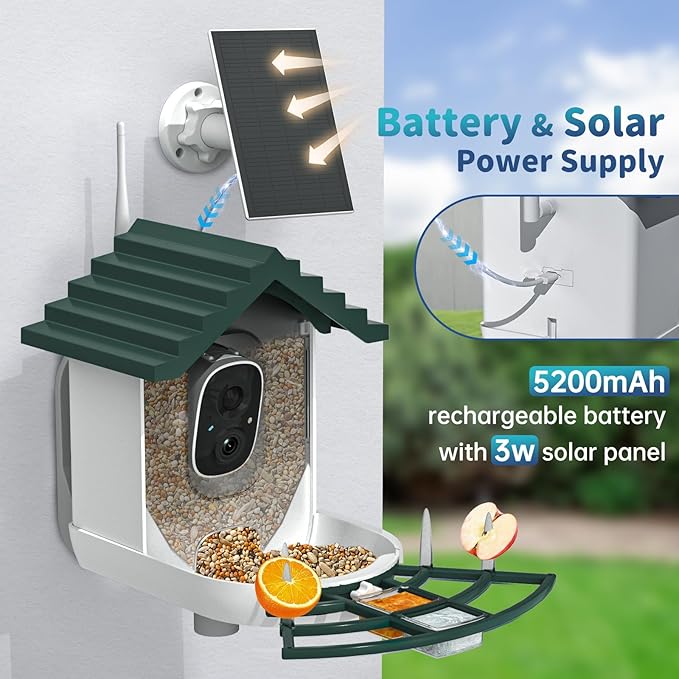 Smart Bird Feeder with Camera Solar Powered & AI Bi rd Identification, 2.4Ghz WiFi Bird feeders for Outdoors, 2K Live Video, Nstant Arrival Alerts - Best Gifts for Bi rd Lovers - Green-Ruum Studio Home