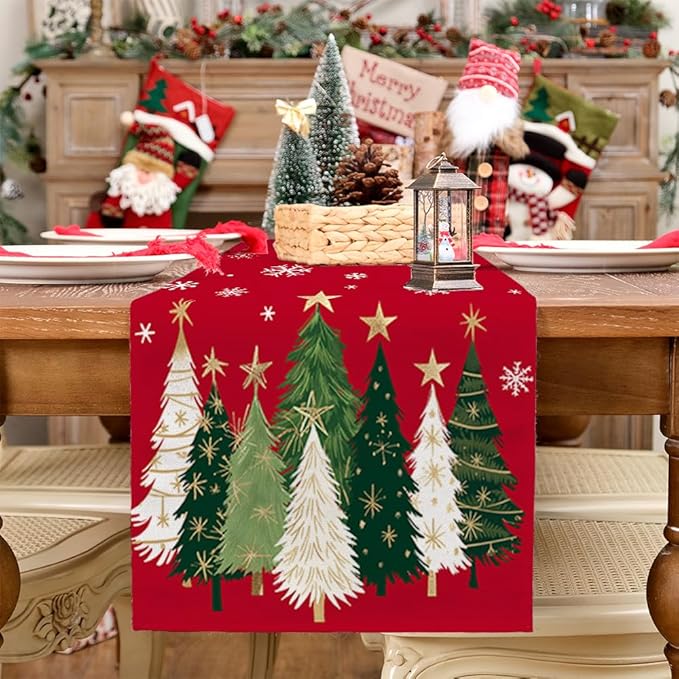 GEEORY Christmas Table Runner 13x108 Inch, Xmas Trees Snowflakes Holiday Decorative Farmhouse Table Decoration for Kitchen Dinning, Indoor Outdoor Dinner Party Decor (Red) GT150-108-Ruum Studio Home