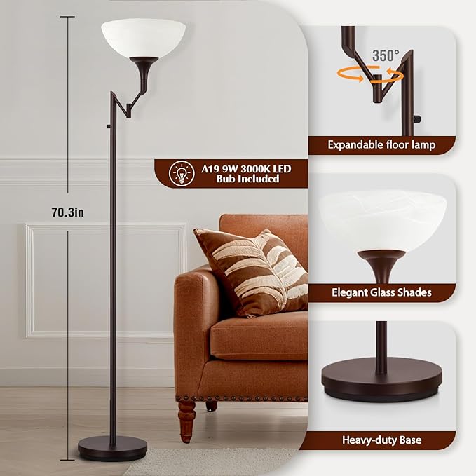 Floor Lamps for Living Room Bronze, 71" Tall Standing Lamp with Glass Shade, Vintage Floor Lamp with 350°Adjustable Swing Arm Lamp, Pole lamp for Bedroom, Living Room, Office, Bulbs Included-Ruum Studio Home