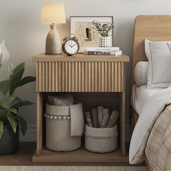 Fluted Nightstand Set of 2, 22.8" Wide Nightstands with Drawer Storage Large Wood BedsideTable Night Stands for Bedroom, Natural Oak-Ruum Studio Home