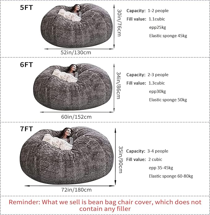 Big Huge Giant Bean Bag Chair for Adults, (No Filler) Bean Bag Chairs in Multiple Sizes and Colors Giant Foam-Filling Required- Machine Washable Covers, Double Stitched Seams (Khaki,6FT)-Ruum Studio Home