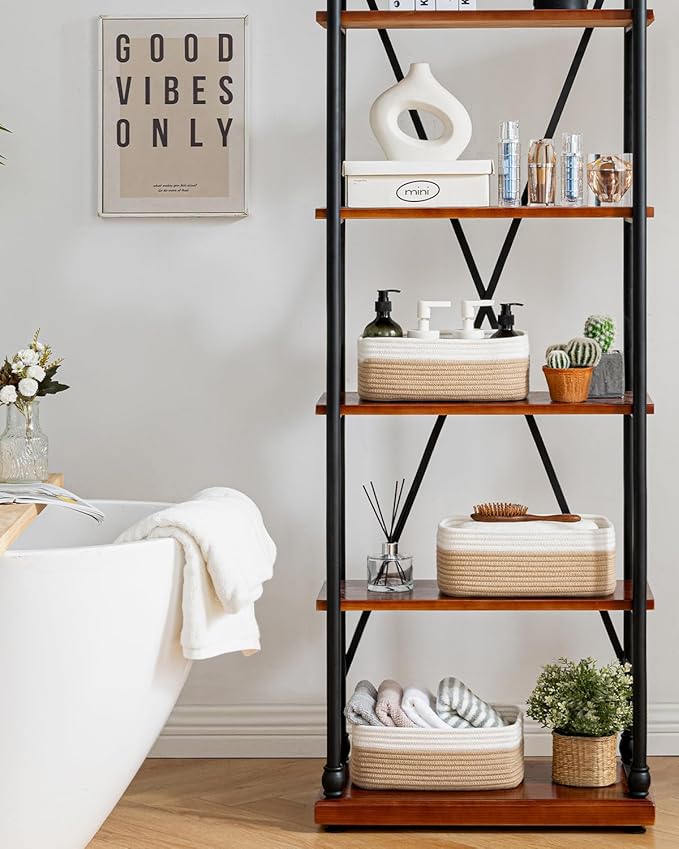 KALLAX Small Woven Basket, 12 x 8 x 4.5 Inches, Storage Basket for Organizing, Cute Small Rope Shelf Closet Cube Storage Bins Baskets for Shelves, Dog Toy Gift Baskets Empty, 3 Pack White & Brown-Ruum Studio Home