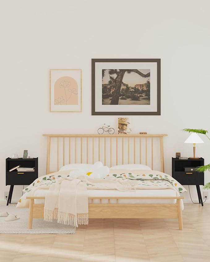 Nightstand,Modern Bedside Table with Storage Drawer and Open Wood Shelf, Accent Night Stand with Solid Wood Legs for Living Room, Bedroom and Small Spaces,Easy Assembly (Black-Outlet)-Ruum Studio Home