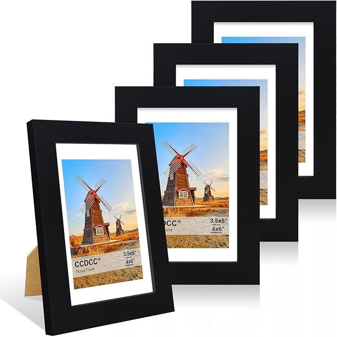 4x6 Picture Frame Set of 4, 4 x 6 Wood Photo Frames with Mat for 3.5x5, Wooden Frame with Real Glass Cover for Wall and Tabletop Display,Black-Ruum Studio Home