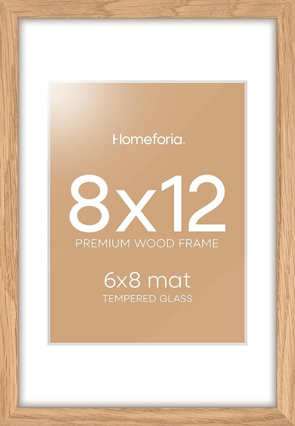 Homeforia 8x12 Picture Frame Wood, High End Natural Oak 8 x 12 Light Wooden Frames with Mat 6 by 8 inch Photo, 8by12 Frame Matted to 6x8 Art, Wall or Tabletop Frame, Tempered Glass, Wall Kit, Set of 1-Ruum Studio Home