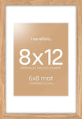 Homeforia 8x12 Picture Frame Wood, High End Natural Oak 8 x 12 Light Wooden Frames with Mat 6 by 8 inch Photo, 8by12 Frame Matted to 6x8 Art, Wall or Tabletop Frame, Tempered Glass, Wall Kit, Set of 1-Ruum Studio Home