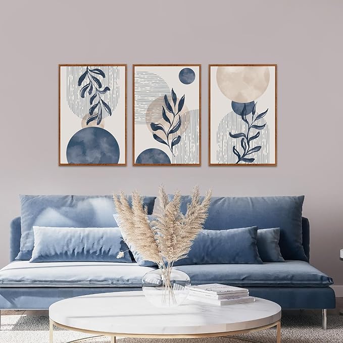 KAIRNE Boho Plant Wall Art Set of 3,Blue Bohemain Framed Canvas,Abstract Geometric Line Wall Painting,Modern Nature Prints,Botanical and Moon Wall Art for Living Room Bedroom Office - 3Pieces,16”X24”-Ruum Studio Home