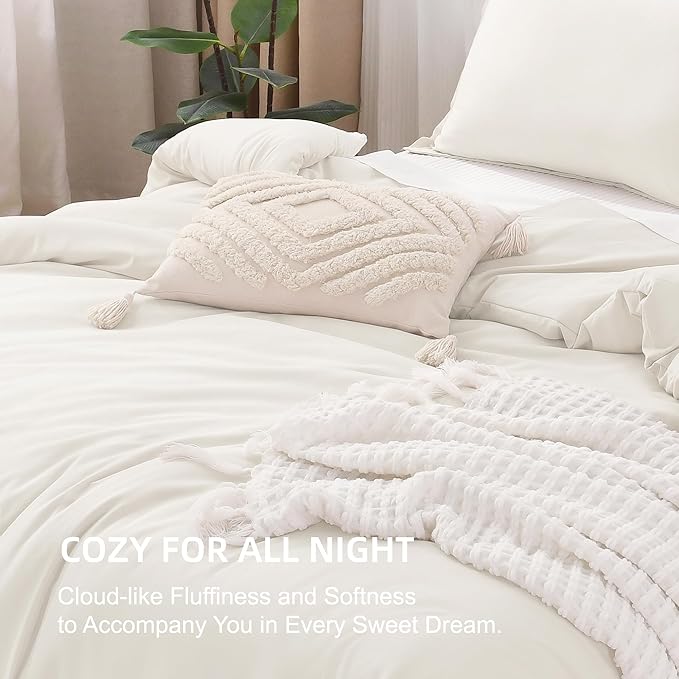 Litanika Ivory Comforter Set Full Size, 3 Pieces Lightweight Solid Bedding Comforter Set, All Season Fluffy Bed Set (79x90In Comforter & 2 Pillowcases)-Ruum Studio Home
