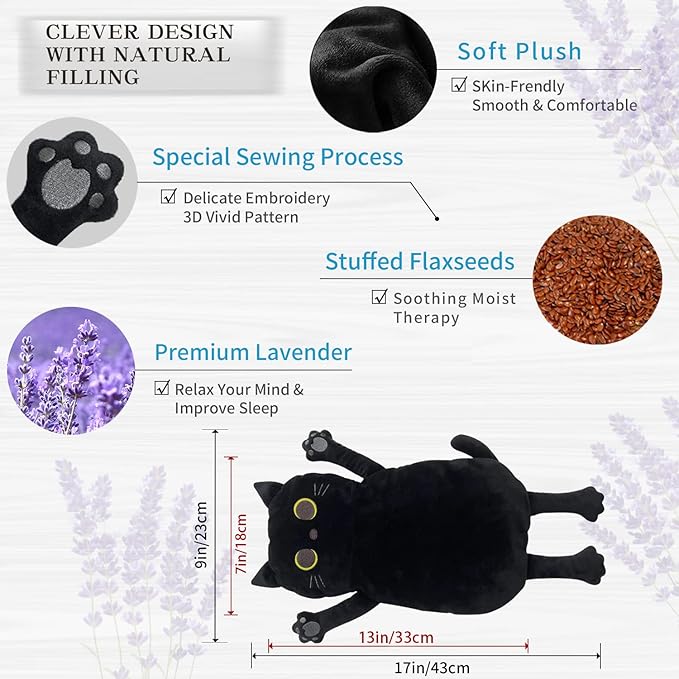 Microwave Heating Pad for Pain Relief, 17" x 9" Microwavable Heating Pads for Cramps, Back Pain, Neck Shoulder, Muscles, Knee, Joints, Natural Heat Pack Moist Heat, Black Cat-Ruum Studio Home