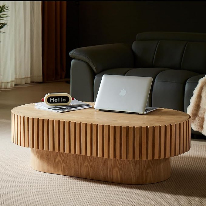 43.7" Oval Coffee Table for Living Room,Modern Handcraft Drum Coffee TableSmall Wooden Coffee Table with Sturdy Pedestal Easy Assembly for Office-Natural-Ruum Studio Home