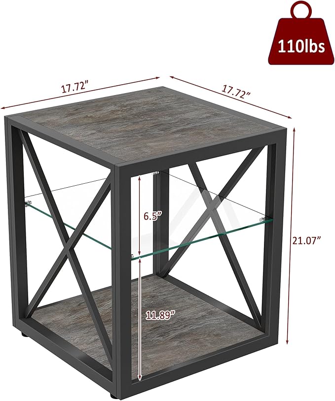 Farmhouse End Table, Modern Side Table with 3-Tier Storage Shelf, Square Rustic Nightstand, Accent Tea Table, for Bedroom Office Living Room, Grey, Natural Wood, Glass, Metal-Ruum Studio Home