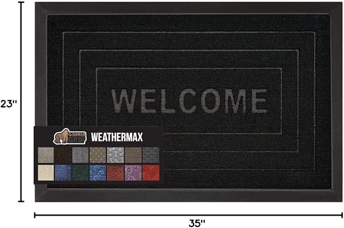 GORILLA GRIP 100% Waterproof All-Season WeatherMax Doormat 35x23, US Designed Natural Rubber, Stain and Fade Resistant, Low Profile Indoor Outdoor Door Mats, Easy Clean Patio Mat, Black Welcome-Ruum Studio Home