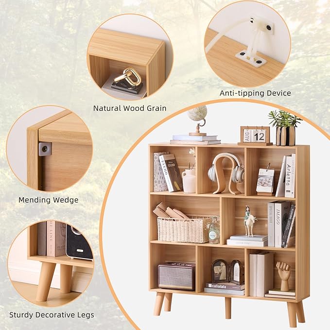 LEYAOYAO Wooden 8 Cube Book Shelf, Natural 3 Tier Bookshelf with Legs, Modern Open Storage Organizer,Boho Bookcase,Display Cabinet Shelf Free Standing Bookshelves for Bedroom,Living Room,Office-Ruum Studio Home