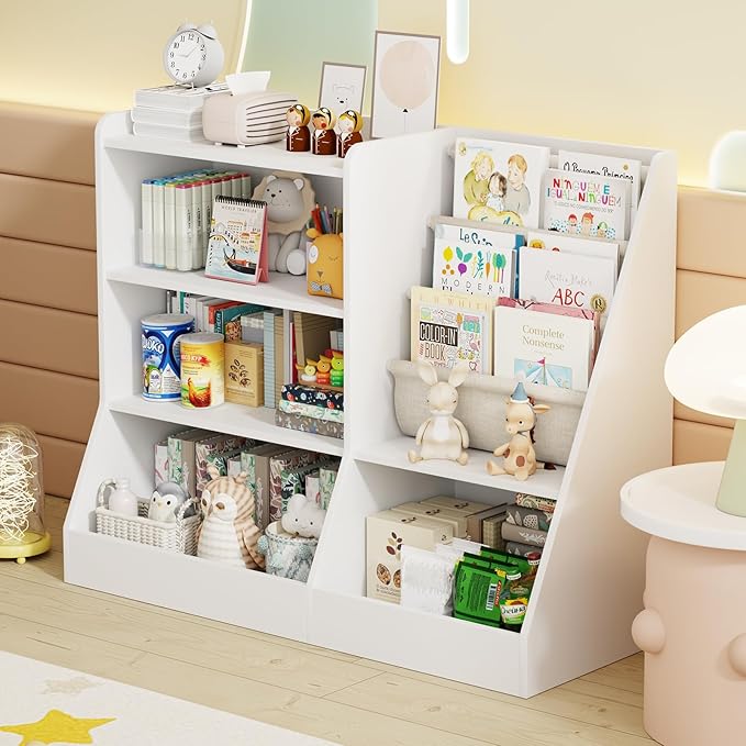 39" Large Kids Wooden Bookshelf and Toy Storage Organizer, Baby Bookcase with Sling Book Rack, Children Toddler Wooden Book Shelf for Kids Rooms, Playroom, Classroom, Nursery, School (White)-Ruum Studio Home