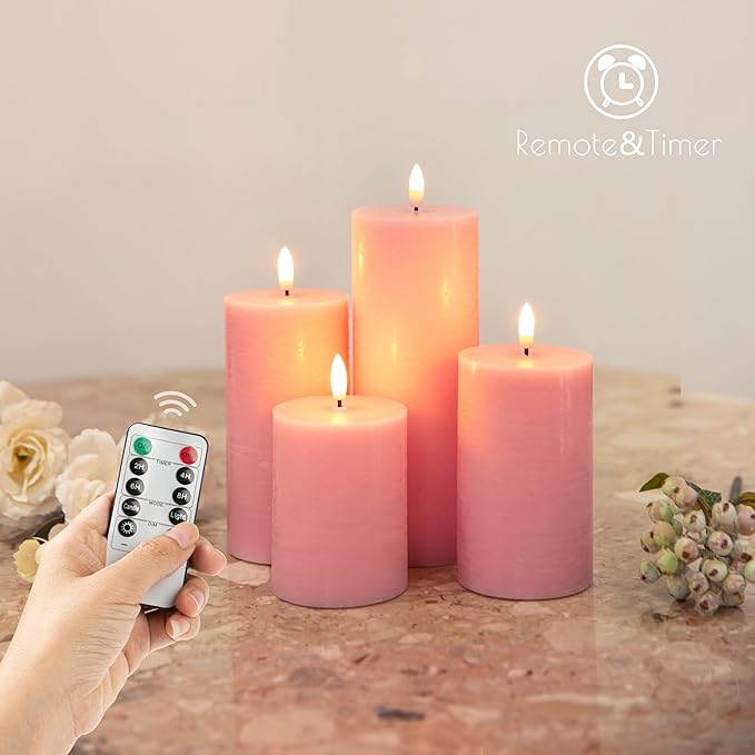 LUSHABOR Flameless Candles, 4 Pack Battery Operated Candles with Remote, Real Wax LED Fake Candles with Timer Flickering for Christmas Wedding Home Party D3 H 5" 6" 7" 9" Pink-Ruum Studio Home