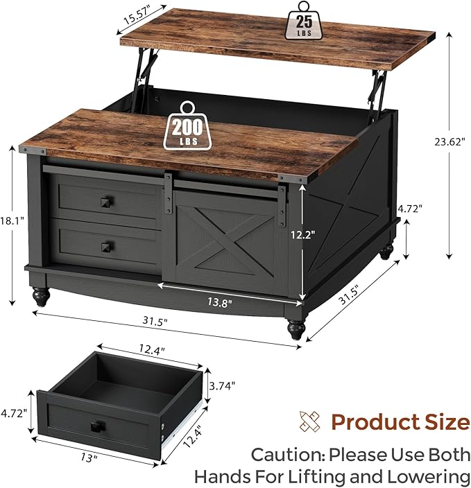 31.5" Lift Top Coffee Table with Storage, Farmhouse Coffee Tables for Living Room, Square Coffee Table with Large Hidden Storage Compartment, 2 Drawers & Removable Shelves, Black-Ruum Studio Home