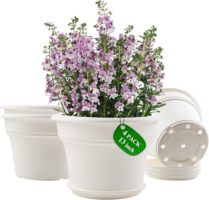13 Inch Plastic-Flower-Pot-for-Indoor-Plants, 4 Pack Large Outdoor Planter Pot with Drainage Holes & Saucers, Resin Decorative Garden Pots Planters-Ruum Studio Home