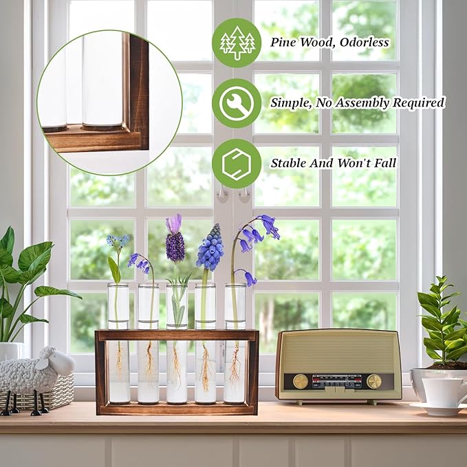 2pcs Desktop Glass Plant Propagation Station with 10 Test Tubes in Wooden Stand - Hydroponic Plants Cutting Office Home Decoration and Garden Decor Terrarium (10 Tubes)-Ruum Studio Home